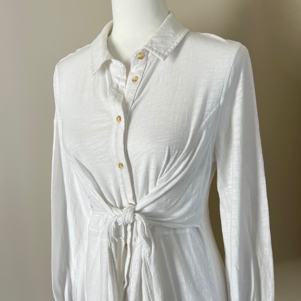 Maeve by‎ Anthropologie White Button Front Tie Waist Long Sleeve Shirt Medium - Picture 3 of 6